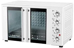 Електродуховка Liberton LEO-500 White, 1700W, 50л, подвійні розпашні дверцята, 6 режімів нагріву, конвекція, підсвітка, 70-250 °C, механічне керування, таймер, рожен, решітка, деко, лоток для крихт та жиру, тримач для дека, ТЕРМОРУКАВИЦЯ У ПОДАРУНОК