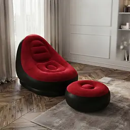 Надувне крісло диван 2в1 з пуфиком для ніг A-Sofa із вінілу з флокованим покриттям Крісло вінілове для відпочинку вдома саду максимальне навантаження до 150 кг Чорний з червоним