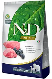 Сухий беззерновий корм Farmina N&D PRIME DOG LAMB & BLUEBERRY ADULT MEDIUM & MAXI для великих та середніх порід з ягням та чорницею 2,5 кг
