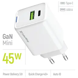 Зарядний пристрій ColorWay C101E GaN Mini 45 Вт PD PPS USB-C + USB-A QC 4.0 білий (CW-CHS060PD-WT) - мініатюра 8
