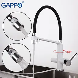 Змішувач для кухні на дві води Gappo G4398-9 з гнучким виливом, білий/чорний, Чорний матовий - мініатюра 2