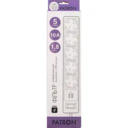 Мережевий фільтр Patron Patron, 5 розеток, 1.8 м, White, 2xUSB (2.1A), 10А, до 2.2 кВт, виключатель, заземление, 3x1 мм² (SP-52-USB-W) (EXT-PN-SP-52-U - мініатюра 2