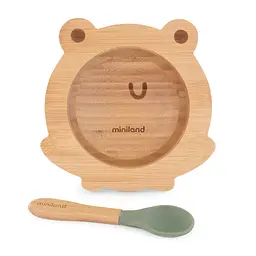 Дитяча бамбукова тарілка Miniland Wooden Bowl Frog, на присосці, з ложкою, коричневий із зеленим
