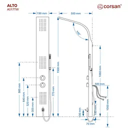 Душова панель Corsan Alto black з виливом та термостатом A017TBLW, Чорний матовий - мініатюра 5
