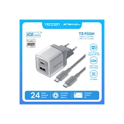 Зарядний пристрій Vention 1xUSB-C PD70W + 1xUSB QC3.0 22.5W GaN + cable USB-C to USB-C 1.0m 5A gray (TZ-FCGH0-EU) - мініатюра 3