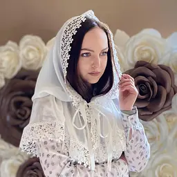 Палантин для жінок в церкву жіноча мереживна шифонова хустка для храму на хрестини мамі, обряду вінчання Ажурні квіти 80*120 см Betis молочний