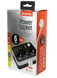 Фільтр мережевий ColorWay, 3 розетки, 1.8 м, Black, 6xUSB (3.4A), 10A, дріт з міді (до 2500 Вт), захисні шторки (CW-CHE36B) - мініатюра 3