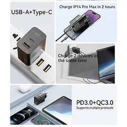 Мережевий зарядний пристрій Essager Pinchen 33W USB A + TYPE C Чорний (ECTAC-PCB01-P) - мініатюра 10