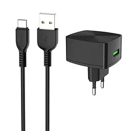 Мережевий зарядний пристрій Hoco 1USB C70A QC 3.0 3A Black + USB Cable Type-C