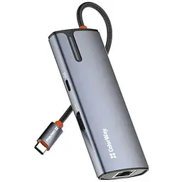 Хаб Usb ColorWay 6-in-1, Grey, Type-C 3.0 - 1xType-C (100 Вт) / 3xUsb 3.0 / HDMI / GLan, кабель 17 см, алюмінієвий корпус