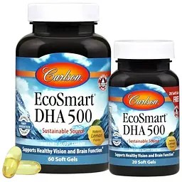 DHA докозагексаєнова кислота Carlson EcoSmart смак лимону 60+20 желатинових капсул