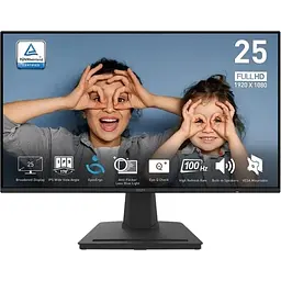 Монітор MSI 24.5` PRO MP252, Black, IPS, 1920x1080 (16:9), 1 мс, 100 Гц, 300 кд/м², 1300:1, 178°/178°, HDMI/DP, 2 x 2 Вт, VESA 100x100, Adaptive Sync