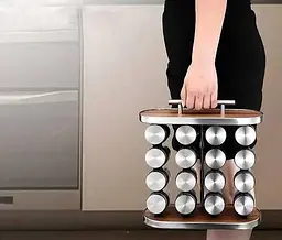 Карусель для спецій набір для спецій 16 ємностей Stainless steel and wood / органайзер для зберігання спецій - мініатюра 3