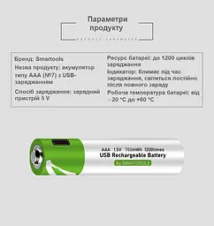 Акумулятори SMARTOOOLS AAA 1.5V Li-ion Type-C, 750 mWh, швидка зарядка 1 год, 2 шт + кабель - мініатюра 5