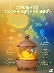 Нічник-проектор музичний з акумулятором Карусель, світлодіодний, обертовий, набір плівок для проекцій, Рожевий (6864733854) - мініатюра 6