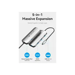 Концентратор Vention USB 3.1 Type-C to HDMI 4K60Hz/USB 3.0x3/PD 100W 5-in-1 (TQDHB) - мініатюра 3