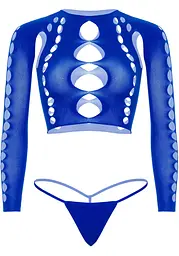 Комплект безшовної білизни Leg Avenue Long sleeve crop top & string Royal Blue One Size, топ, стрінги - мініатюра 3