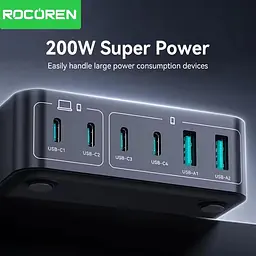 Зарядний пристрій адаптер живлення Rocoren 200 W GaN 0242 2U+4C чорна вилка США (US plug) - мініатюра 3