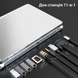 Порт-реплікатор Dynamode 11-in-1 USB-C to HDTV 4K/30Hz, VGA, 1хUSB3.0, RJ45, Type-C PD, Audio, SD/MicroSD (BYL-2003) - мініатюра 8