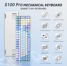 Механічна ігрова клавіатура Aula S-100 PRO Wireless White-Blue ENG/UKR Red Switch Hot-Swap USB, 2.4G, Bluetooth - мініатюра 5