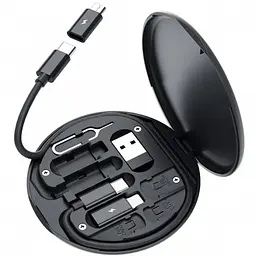Набір адаптерів кабелів та USB перехідників у круглому чорному кейсі