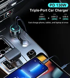 Автомобільний зарядний пристрій Choetech С0054 2xUSB-C+USB-A, 130 Вт, 5A, QC3.0/PD/PPS - мініатюра 4
