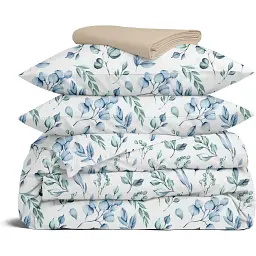 Комплект постільної білизни Cosas євро з простирадлом на резинці STEPPE FLOWERS CS4 200 x 220 см (FoliageBlueMint_El-12Magnolia_200)
