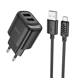 Мережевний зарядний пристрій Hoco C141A Smart 2.1A 2USB-A + кабель USB to MicroUSB Black