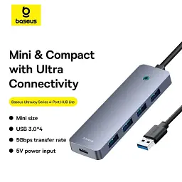 USB-хаб Baseus UltraJoy 4-Port HUB Lite 50cm Space Grey (USBA to USB3.0*4+Type-C5V) B0005280B811-01 - мініатюра 6