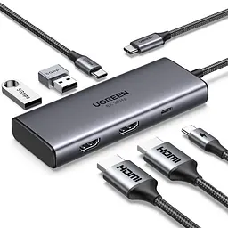 Док-станція USB3.1 Type-C --> HDMIx2 4K60Hz (8k30Hz)/USB 3.0x2/Type-C/PD 100W CM498 6 in 1 Ugr - мініатюра 4