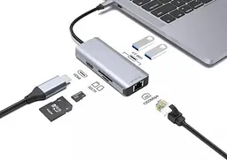 USB-Хаб Proove Type-C-Хаб Iron Link 6 in 1 (2*USB3.0 + SD/TF + RJ45 + HDMI) silver (HBI700010004) - мініатюра 3
