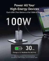 Мережевий зарядний пристрій Anker PowerPort GaNPrime 100W 2xUSB Type-C, USB Type-A Silver (A2688341) - мініатюра 2