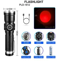 Ліхтар ручний XPRO-1812-T6 red з індикацією заряду, зарядка через USB Type-C, зум-оптика (47318-1812_153) - мініатюра 2