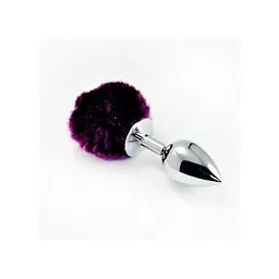 LoveToy Large Silver Plug+Pompon Purple - Велика срібляста анальна пробка з пухнастим хвостом, 17х4 см, фіолетовий