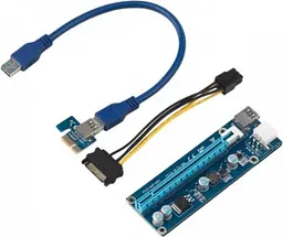 Райзер Riser PCI-EX, x1-x16, 6-pin SATA-6 pin, USB 3.0 AM-AM 0,6 м (синій) , конденсатори F51F, Пакет