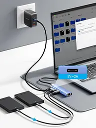 Хаб USB 3.0 - 3xUSB 3.0/RJ45/USB-C Hub Blue Aluminum Alloy 5-in-1 Vention (TGFSB) - мініатюра 2