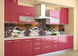 Кухонний фартух Зима в селі наклейка ПВХ ліс сніг будиночки Пейзаж Помаранчевий 60х200 см Happy Pocket Z180468 - мініатюра 2