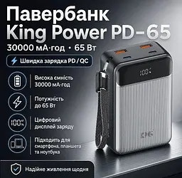 Повербанк Powerbank King Power PD65 Digital Display 30000mAh 65W зі швидким заряджанням для ноутбука, смартфона, планшета - мініатюра 2