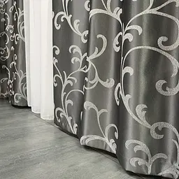 Жакардові штори "вензель" сірого кольору 2шт. 150х270 з білим шифоновим тюлем 400х270, на тасьмі ALBO pbe0052769 - мініатюра 8