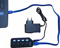 USB-Хаб Lapara USB 4 порта USB 3.0 с 4-мя виключателеми ON/OFF для каждого порта, с БП 2А/5В, черний (LA-USB305) - мініатюра 4