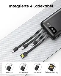 Повербанк 26800 мА·год з 4 вбудованими кабелями, 22,5 Вт Power Bank USB C Функція швидкого заряджання зі світлодіодним дисплеєм - мініатюра 6