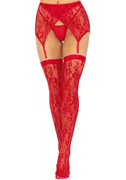 Комплект Leg Avenue Lace thigh highs & garterbelt, One Size, червоний, панчохи та пояс з пажами - мініатюра 1