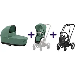 Люлька Cybex Priam Lux Leaf Green + Текстиль для прогулянкового блоку Cybex Priam Leaf Green + Шасі Cybex Priam з каркасом LS RBA Matt Black