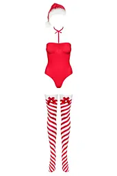 Тедді Obsessive Kissmas teddy, S/M, червоне, без бретелей, чокер, панчохи та шапка з помпоном у наборі - мініатюра 3
