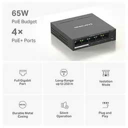Комутатор MS105GP 5xGE (4xPoE), 65Вт, Некерований Mercusys teh0018243 - мініатюра 4