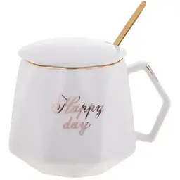Кухоль порцеляновий BonaDi Coffee Prelude Happy Day 420 мл з кришкою та ложкою білий (984-203З)