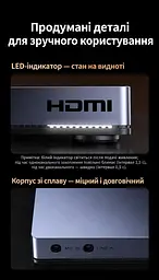 Двоканальна карта захоплення аудіо/відео UGREEN UG501 2 входи HDMI до 4K 30 Гц вихід USB-C до 1080p 60 Гц запис двох джерел за нестачі живлення потрібне USB-C 5 В мікрофонний і лінійний входи 3,5 мм USB 3.2 Gen 2 YUY2/MJPEG картинка в картинці й перемикання камер через програму трансляцій дві платформи через дві програми LED-індикація алюмінієвий корпус із вентиляцією силіконова основа кабель USB-C ↔ USB-C з адаптером USB-A у комплекті космічний сірий (35867) - мініатюра 8