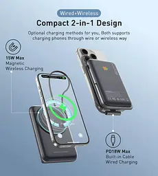 УМБ Choetech Magnetic Wireless 10000mAh 20W PD USB-C In/Out,Qi-15W,build-in cabel Black (B735-CCBK) - мініатюра 2