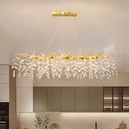 Лінійна золота люстра-гілка з прозорим скляним декором Artlight P8048F/120GD над столом та островом