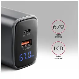 Зарядний пристрій AXAGON 1xUSB-C PD67W + 1xUSB QC4+ PPS display gray (ACU-PQ67D) - мініатюра 3